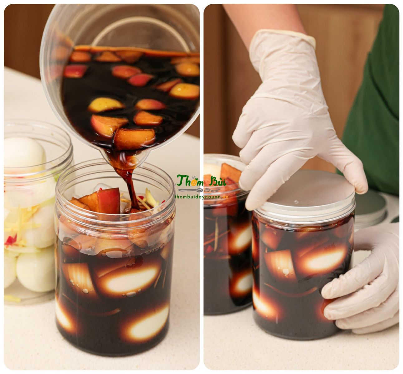 Xếp trứng vào hũ cùng hành tây, ớt, gừng và đổ nước ngâm