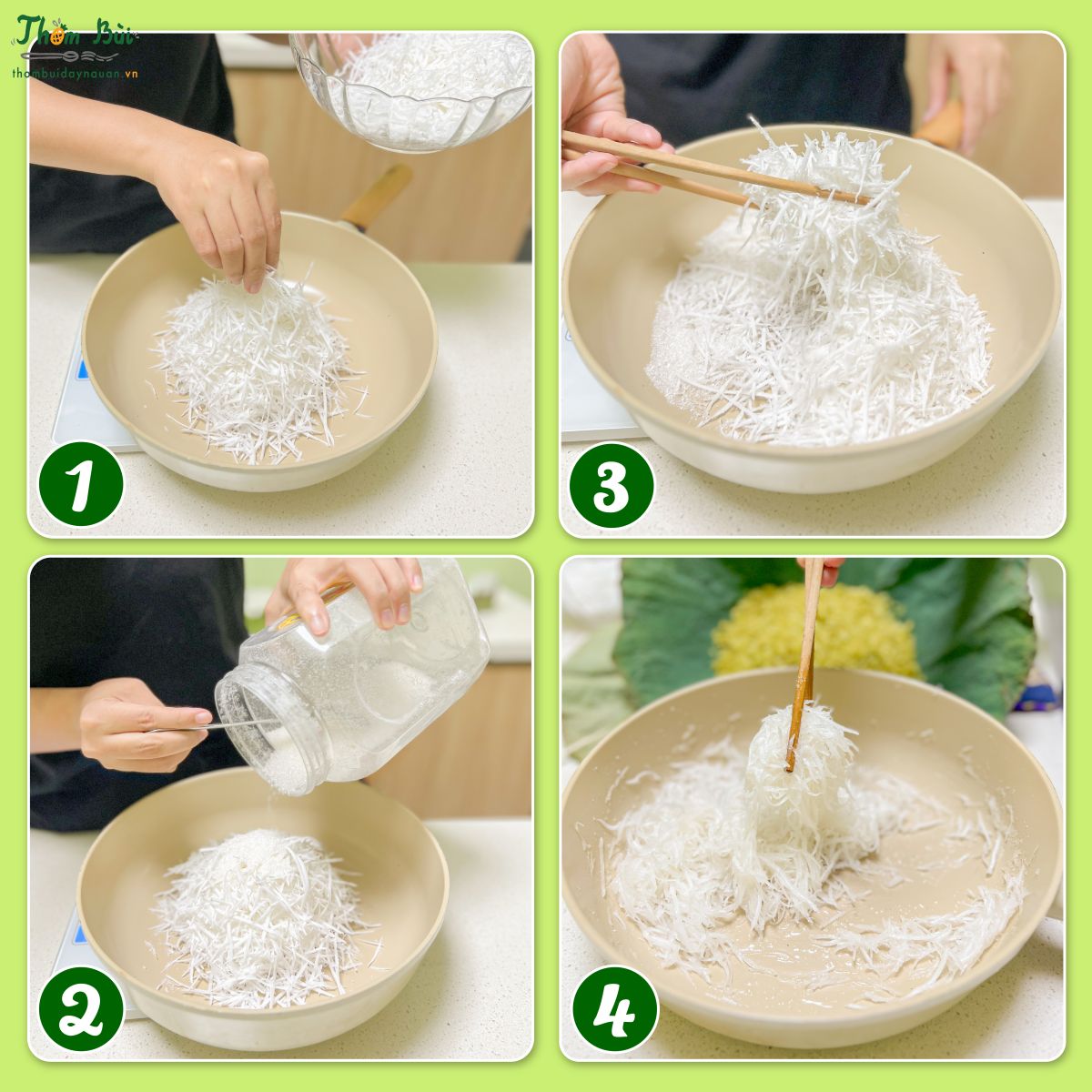 chuẩn bị dừa rắc sợi